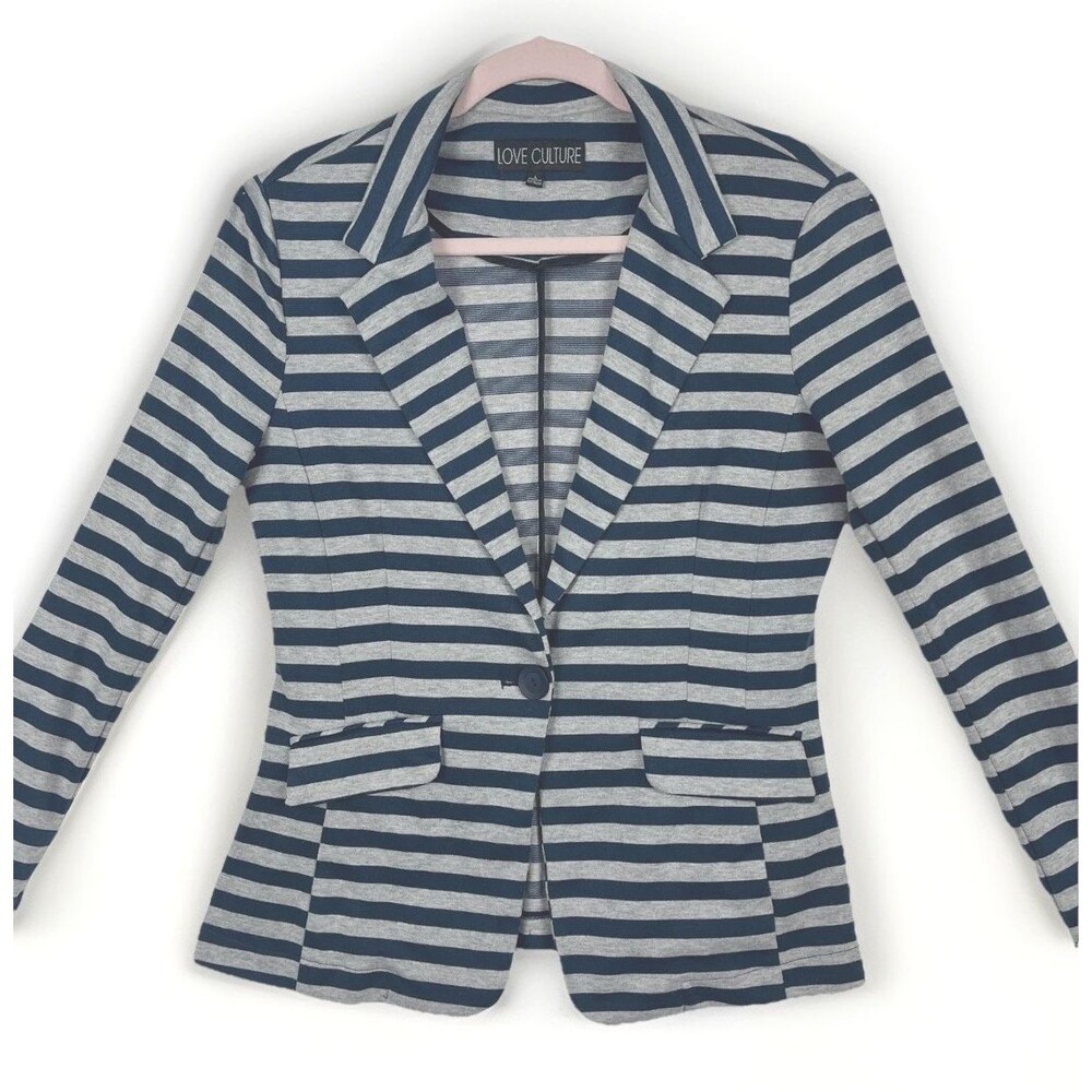 Knit Blazer Womens SZ LG Blue Stripes Gray Lightweight Preppy Trendy College